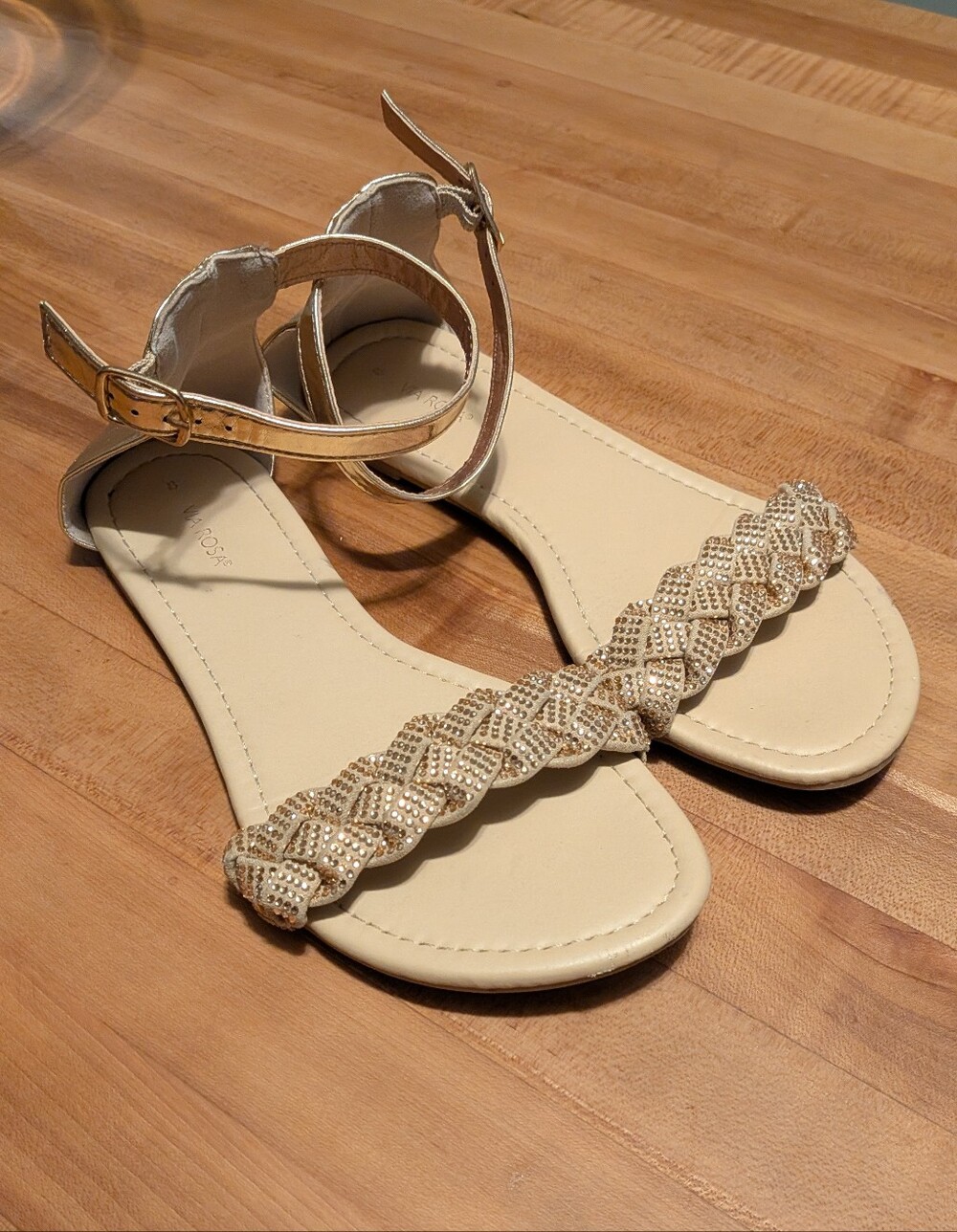 Braided Crystal-Trim Ankle-Strap Sandals in Gold and Cream